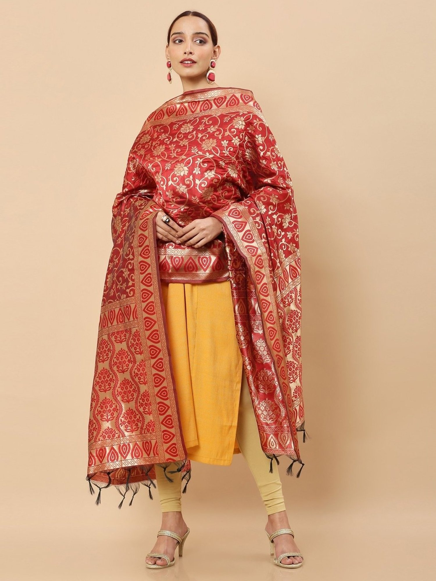 Soch Maroon Cotton Woven Pattern Dupatta