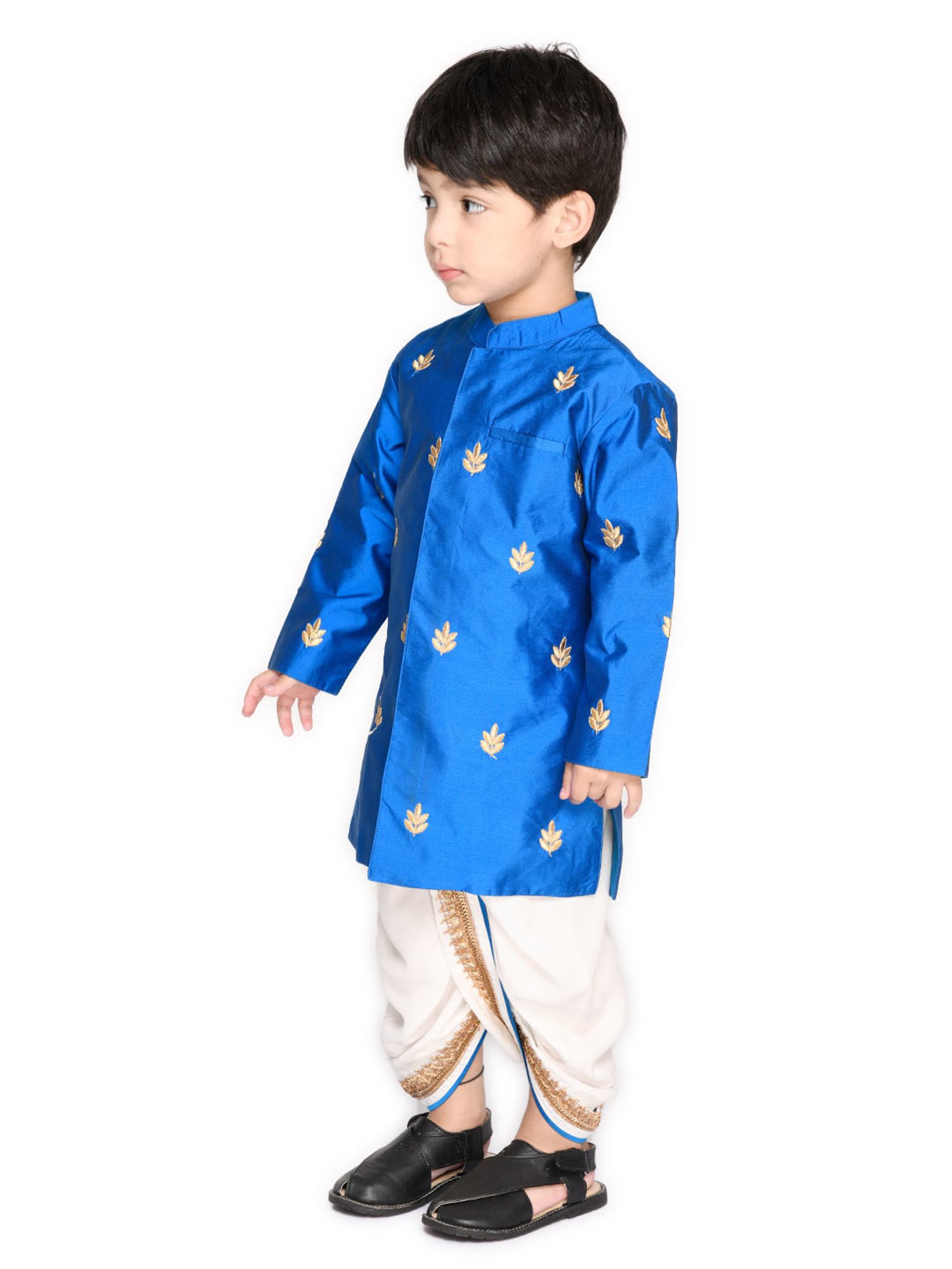 Saka Designs Kids Dark Blue & White Embroidered Full Sleeves Kurta with Dhoti