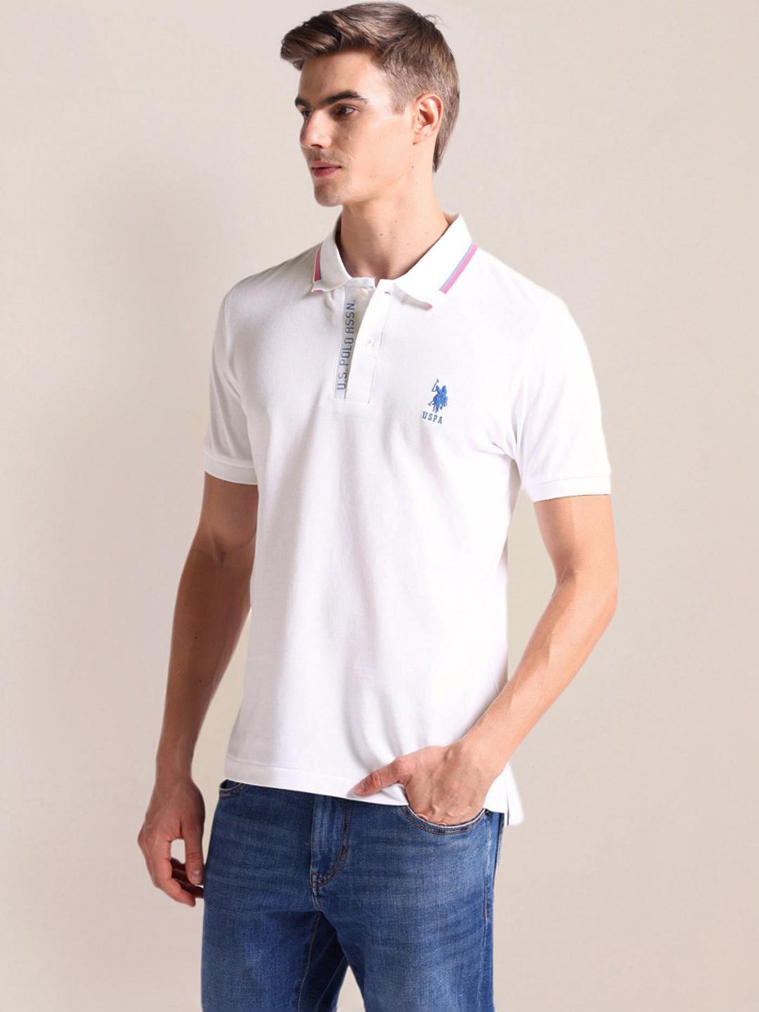 U.S. Polo Assn. White Cotton Slim Fit Polo T-Shirt