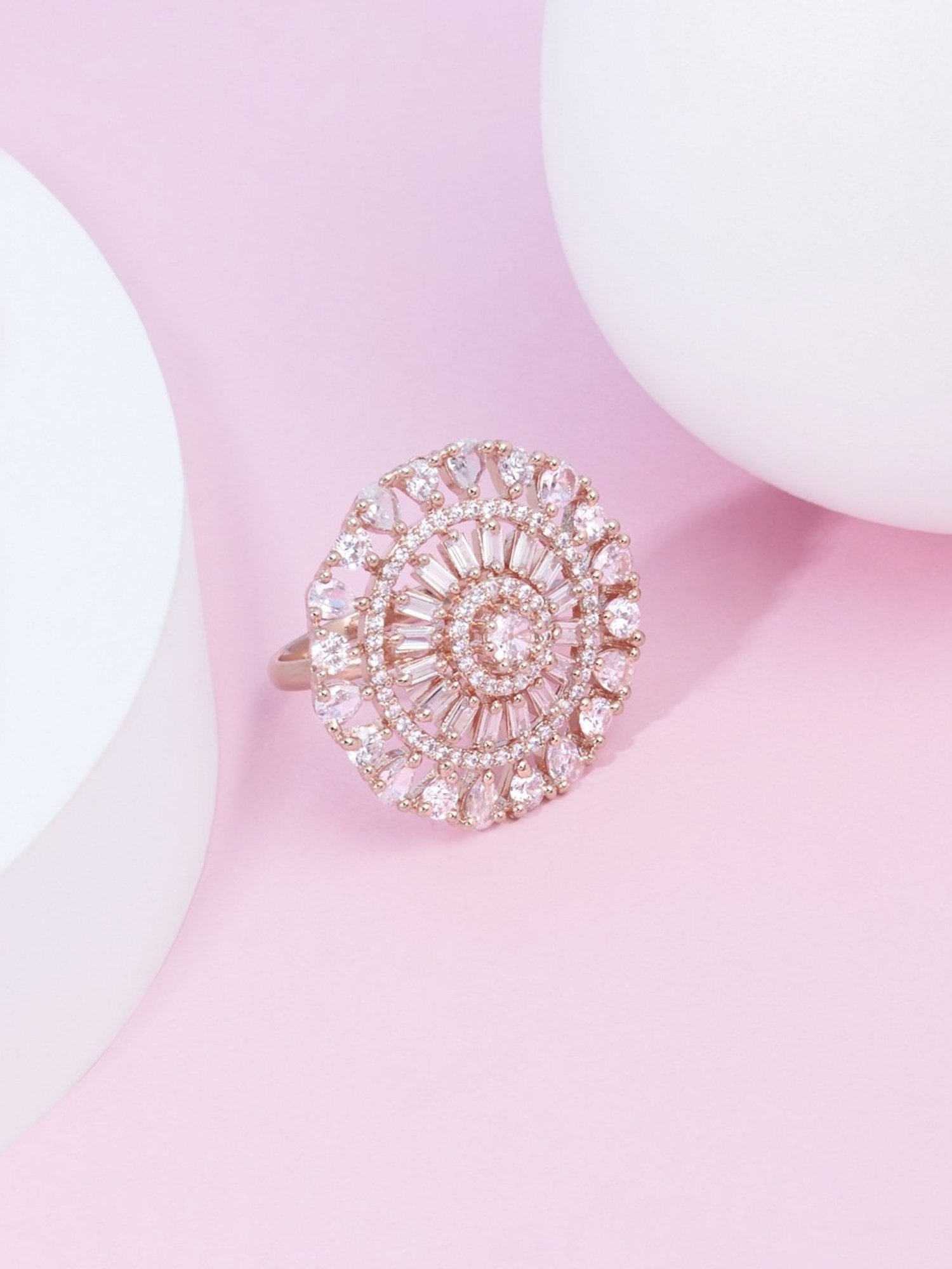 Zaveri Pearls Rose Gold Dazzling Cubic Zirconia Party Bling Statement Brass Ring-ZPFK15424