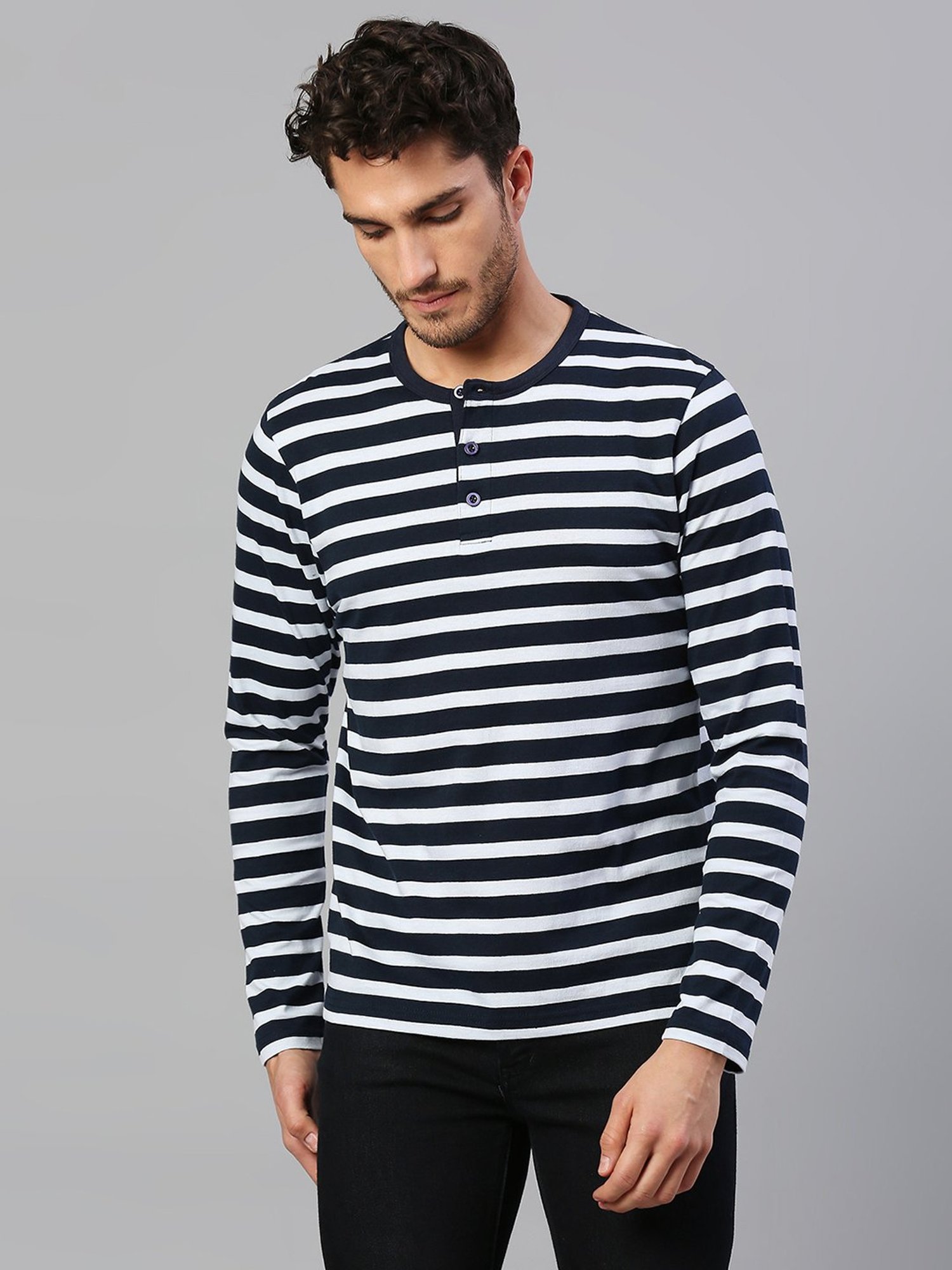 Dennis Lingo Navy & White Regular Fit Henley T-Shirt