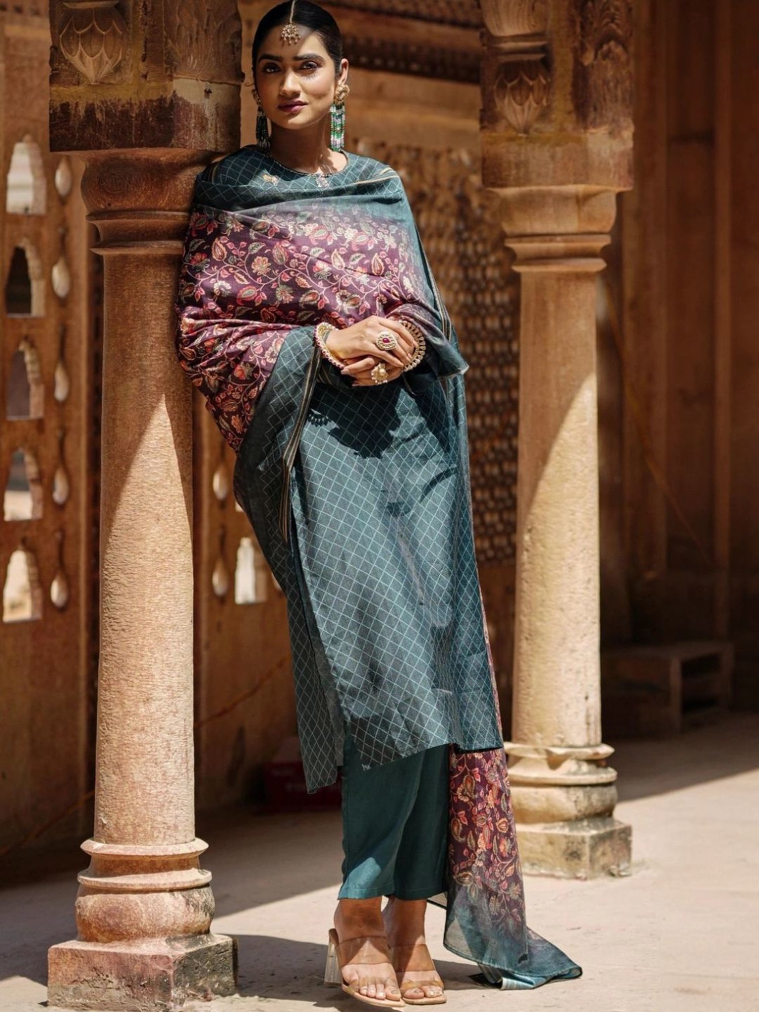 Scakhi Deep Teal Modal Chanderi Printed Suit Set Kurta With Pant And Dupatta