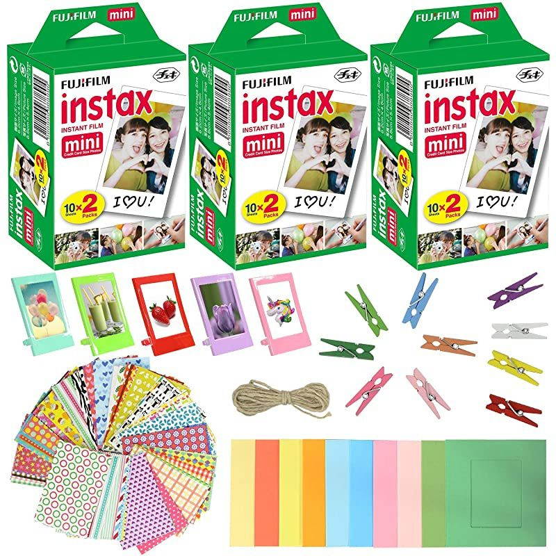 Instax Mini Instant Film (3 Pack, 60 Sheets) 5 Plastic Desk Frames + 10 Paper Frames Plus 60 Sticker Frames