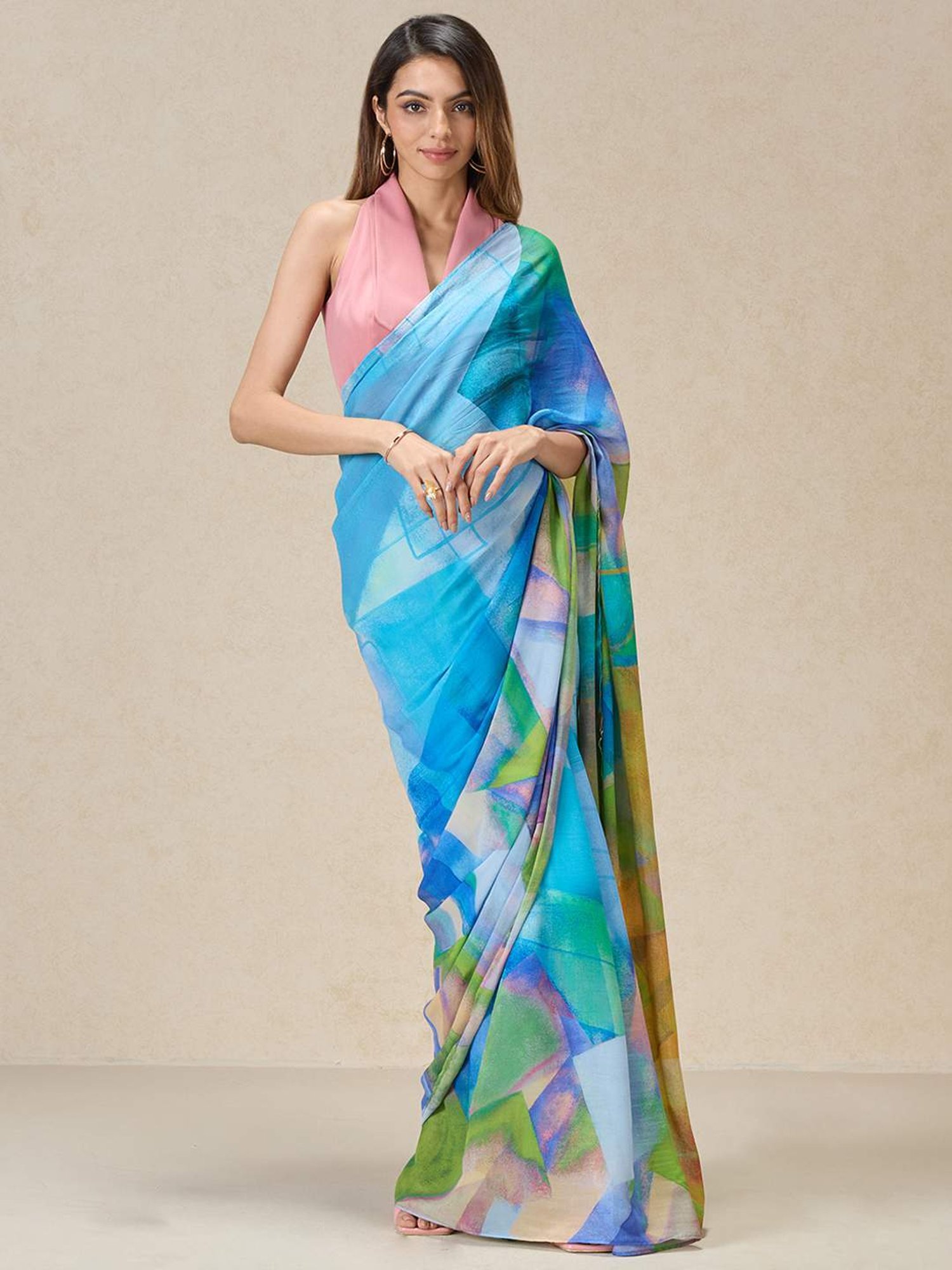 navyasa by liva Blue Printed Saree With Unstitched Blouse