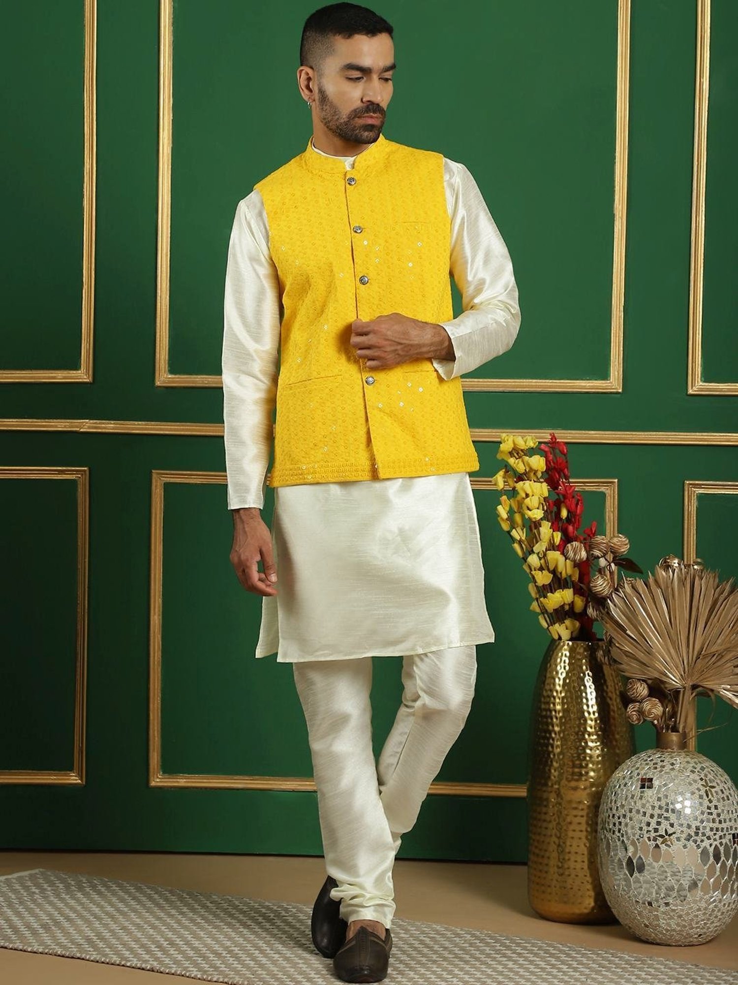 Jompers Yellow Regular Fit Embroidered Nehru Jacket