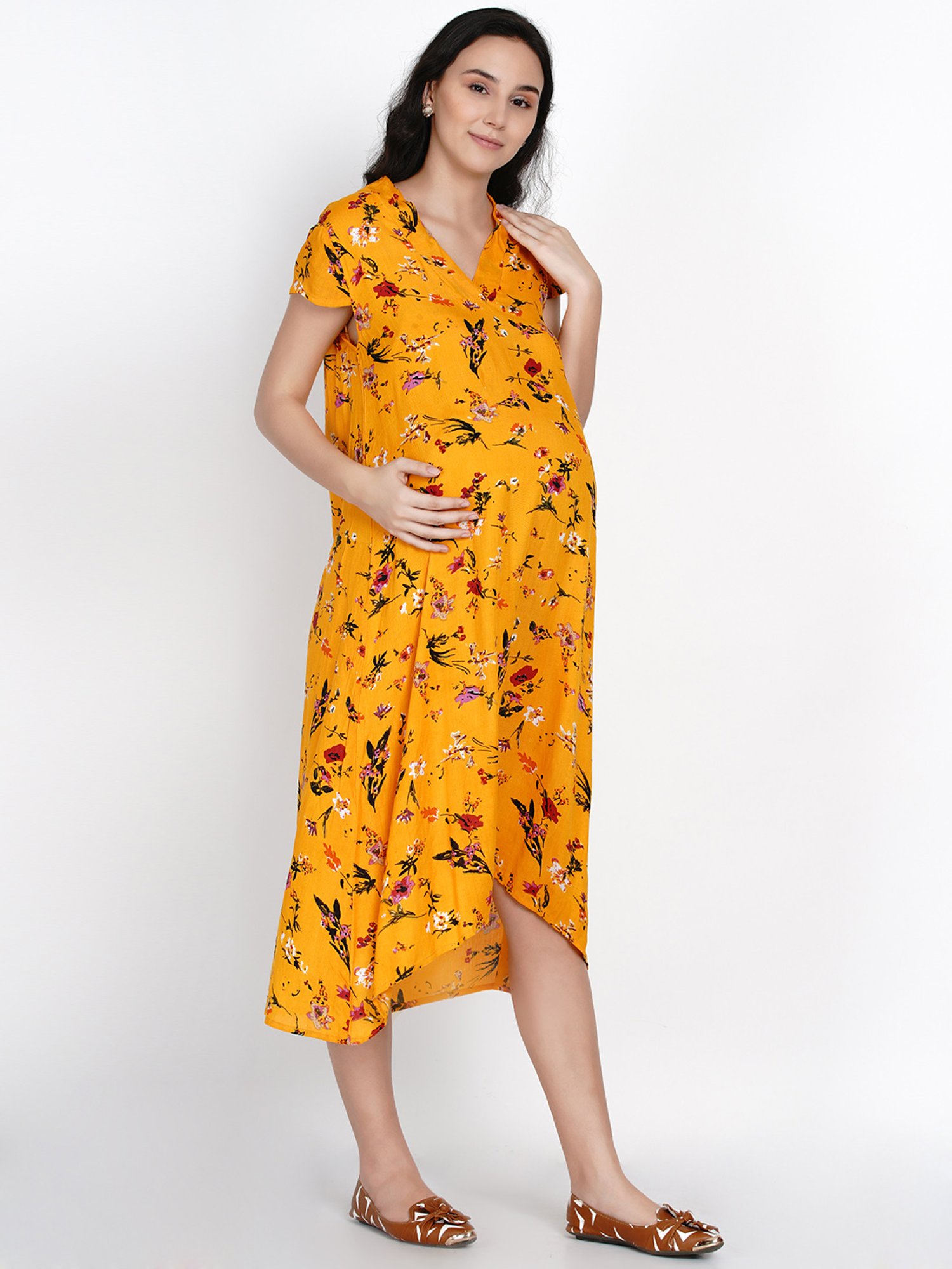 Mine4Nine Yellow Floral Print Maternity Dress