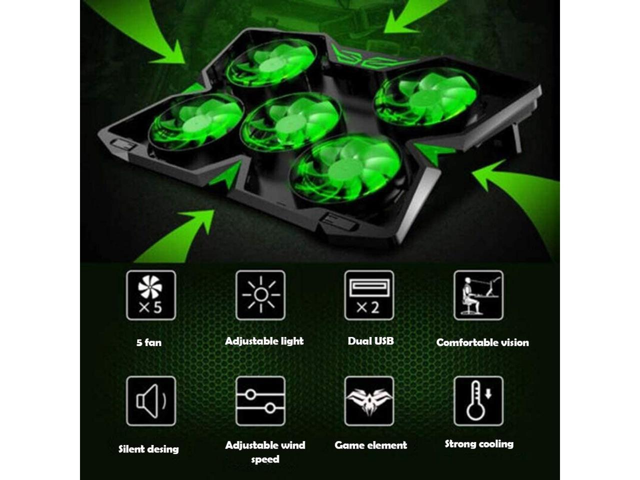 Laptop Cooling Pad, Laptop Cooler with 5 Quiet Red LED Fans for 12"-17" Inch Laptop, Dual USB 2.0 Ports, Portable Angle Adjustable Laptop Stand for Gaming Laptop-Green
