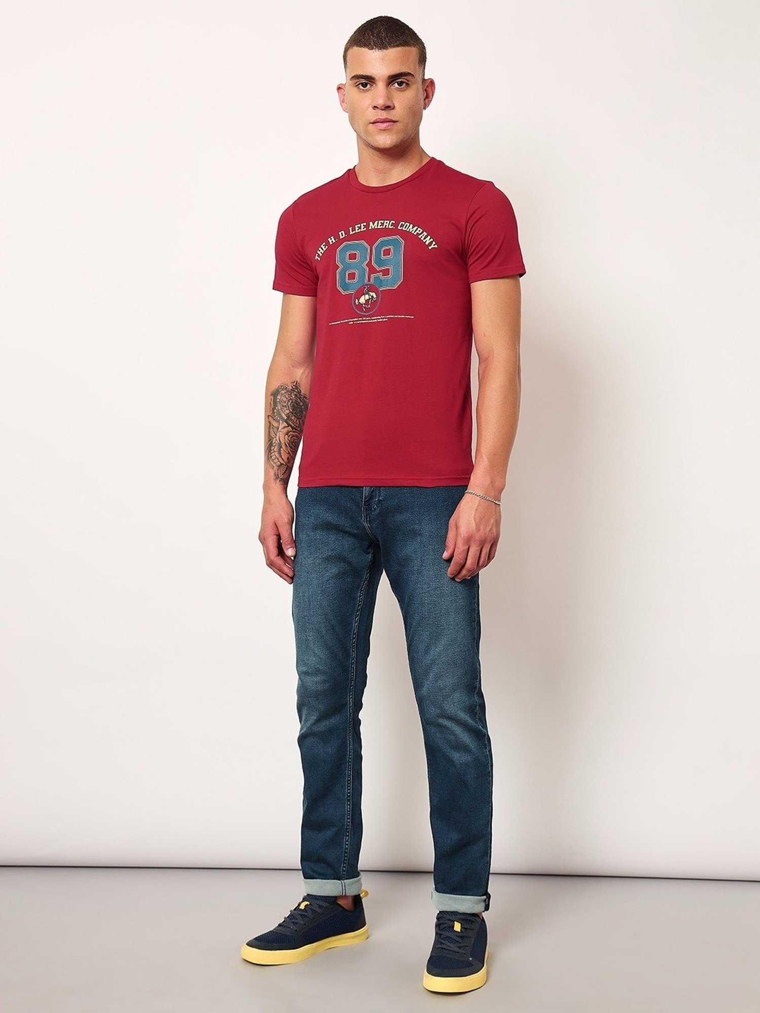 Lee Red Cotton Slim Fit Printed T-Shirt