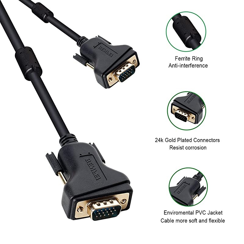 VGA to VGA Cable,  VGA to VGA 6 Feet Cable with Ferrites