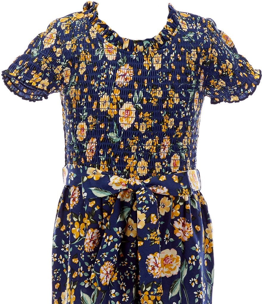 Bonnie Jean Little Girls 4-6X Short-Sleeve Smocked Floral Challis Tie Waist Jumpsuit