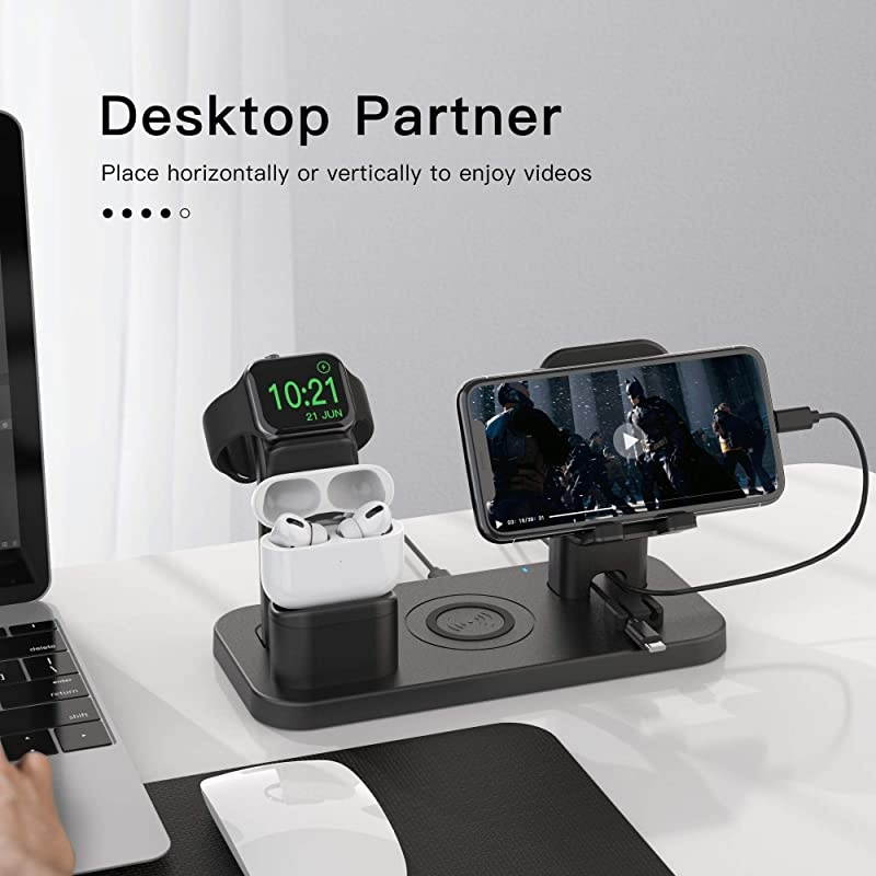 Wireless Charger Stand,  4 in 1 Wireless Charging Station Dock Compatible with iPhone Series12/11/11pro/Xr/Xs/X/Max/8/8Plus Apple Watch6/5/4/3 AirPods Pro/1/2(iWatch Charger Required)
