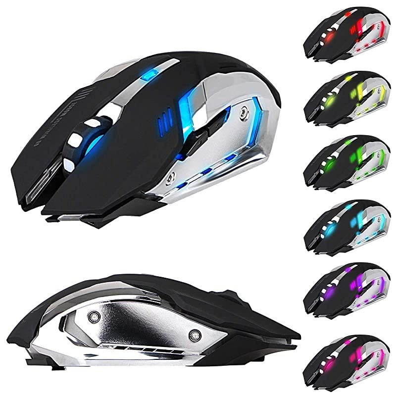 Wireless Optical Gaming Mouse wUSB Receiver 7 Color Changing Wireless Laptop Mouse Rechargeable Game Mice with 4 Adjustable CPI Levels for PC Laptop Computer Gaming Players