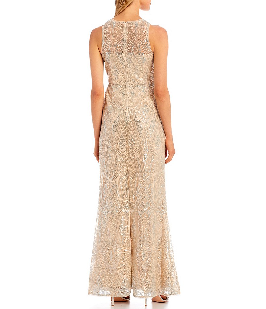 Adrianna Papell Metallic Sequin Crew Neck Sleeveless Mermaid Gown