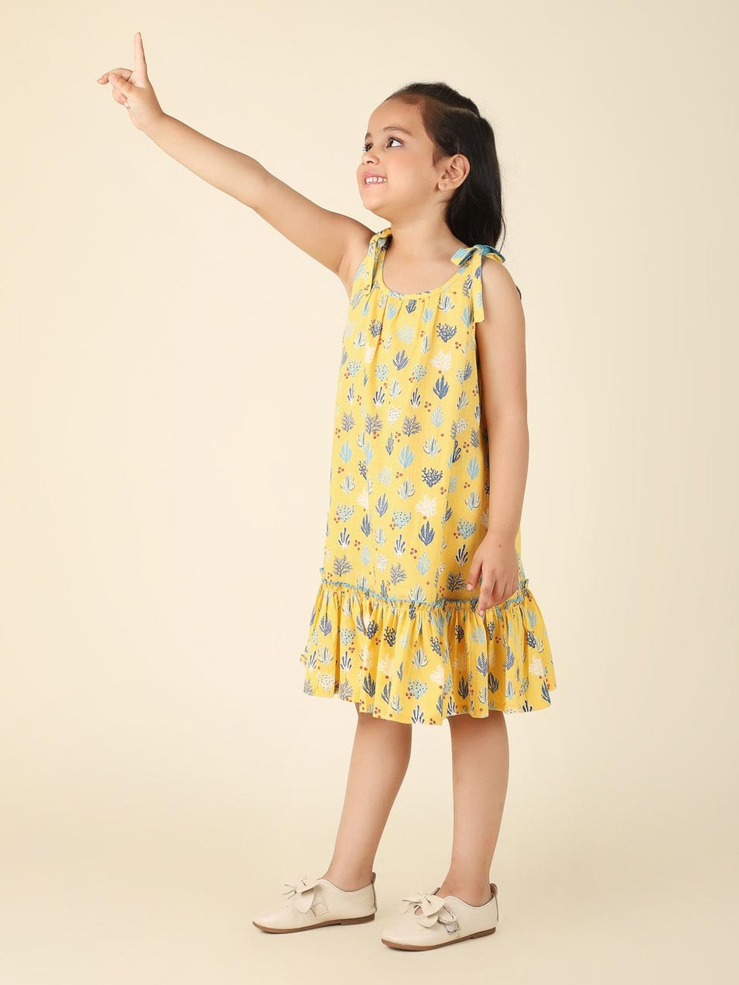 Fabindia Kids Yellow Cotton Printed Dress