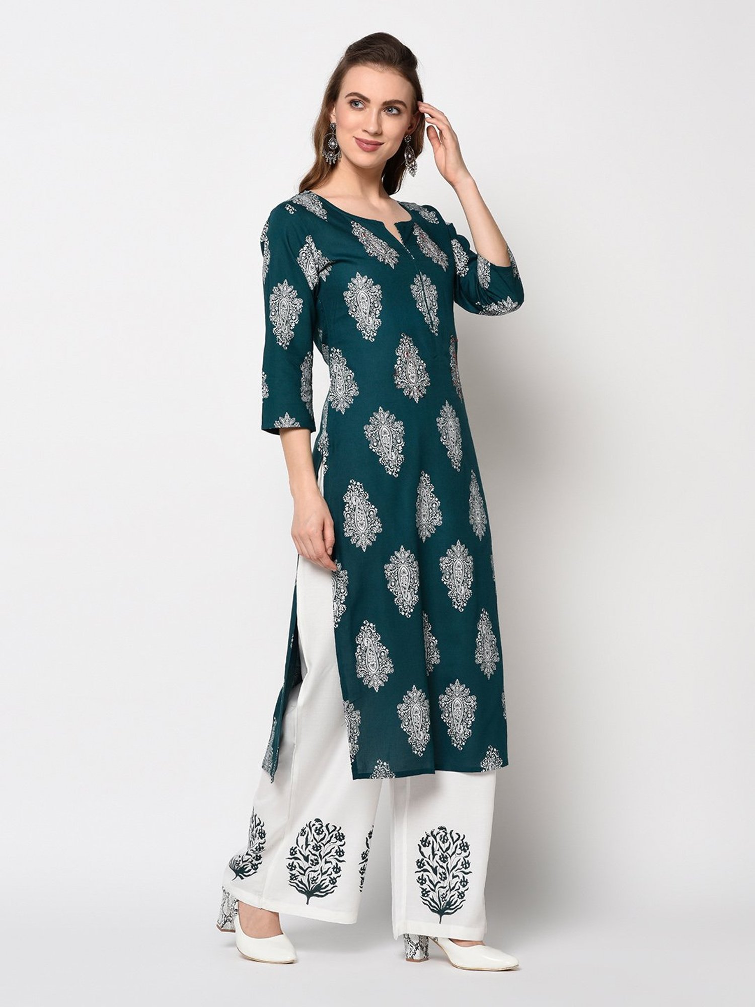 Yufta Green Straight Fit Kurta with Palazzo & Dupatta