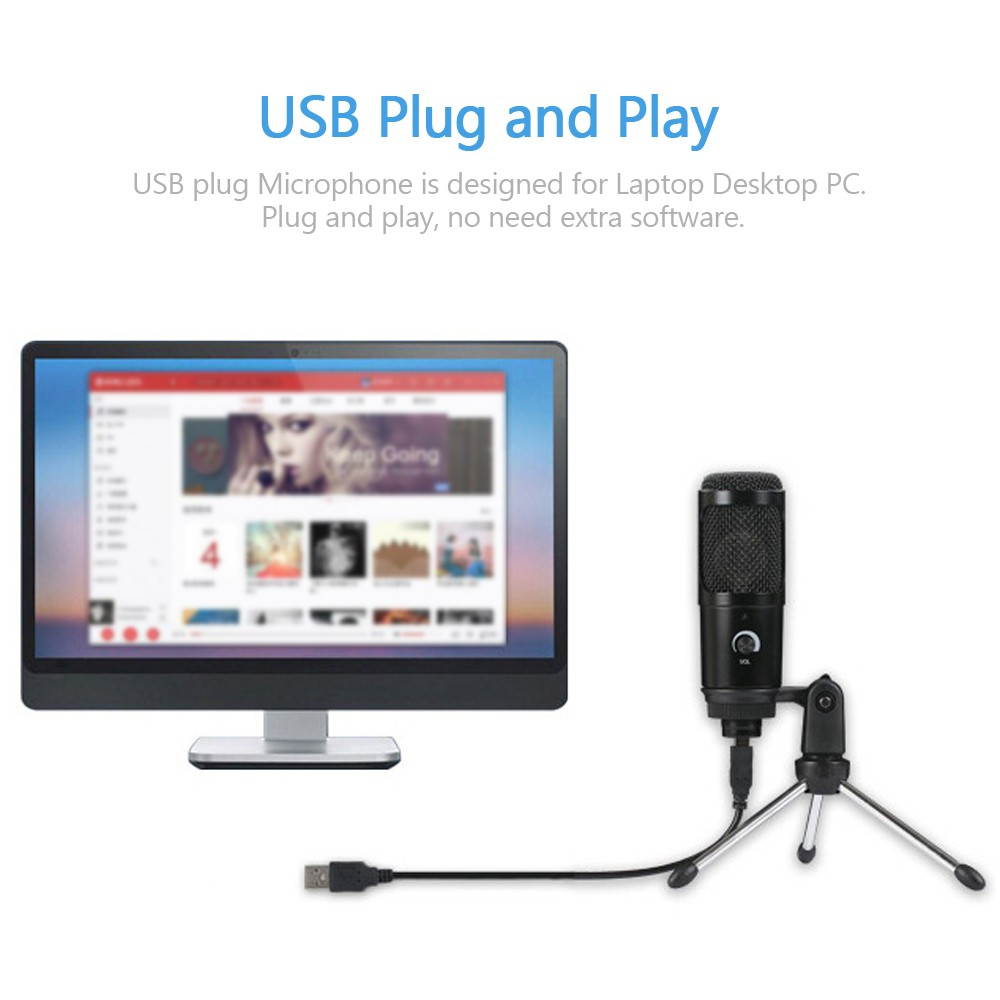 Condenser Microphone USB Microphone Karaoke Recording Broadcasting Podcasting with Clip Tripod Plug and Play for Laptop Desktop PC