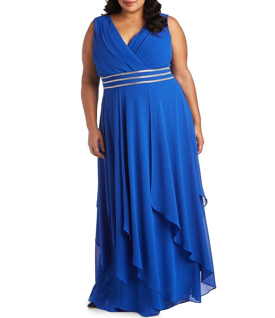 R & M Richards Plus Size Beaded Waist V-Neck Sleeveless Chiffon Gown
