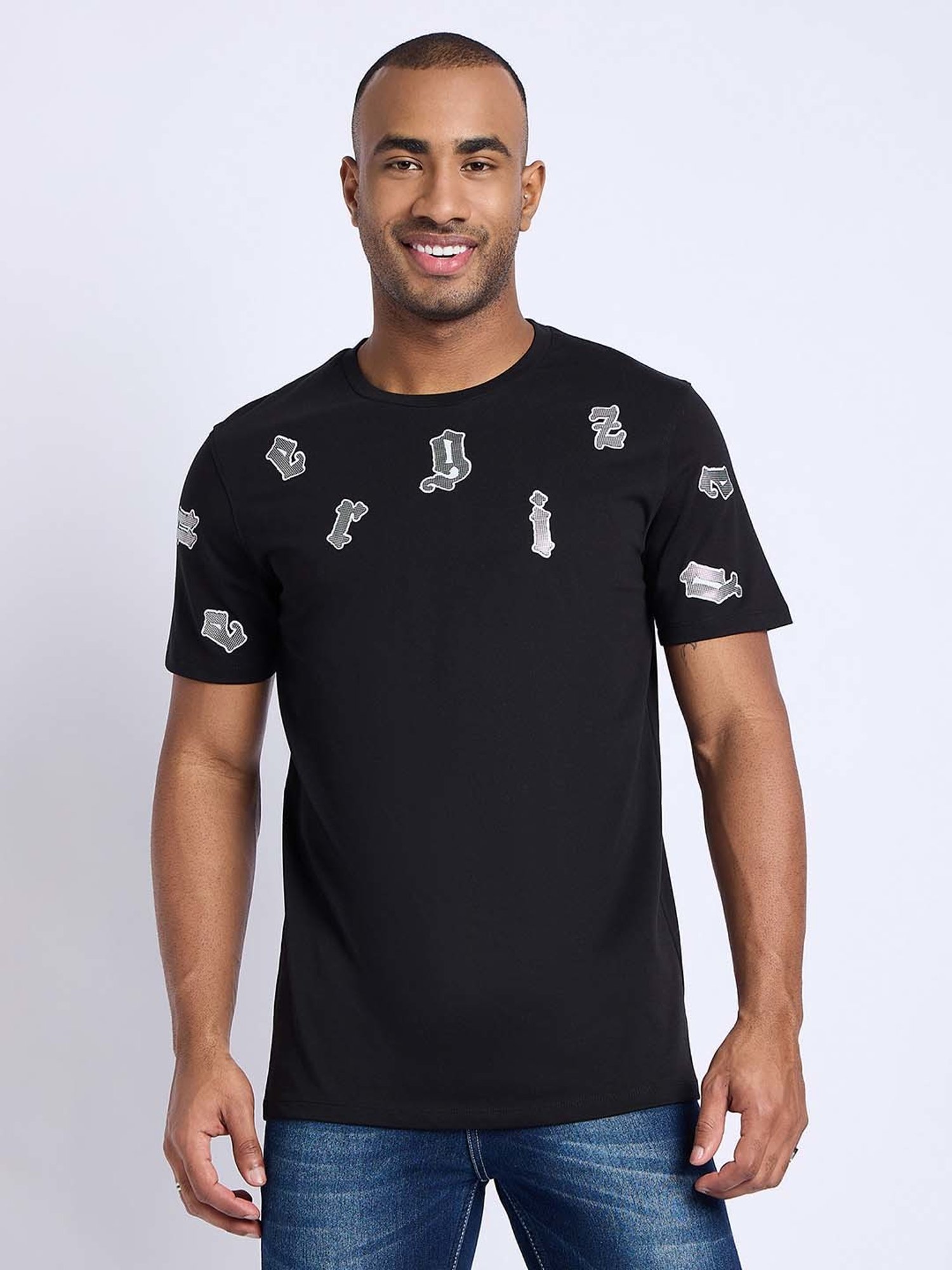 EDRIO Black Regular Fit Printed Crew T-Shirt