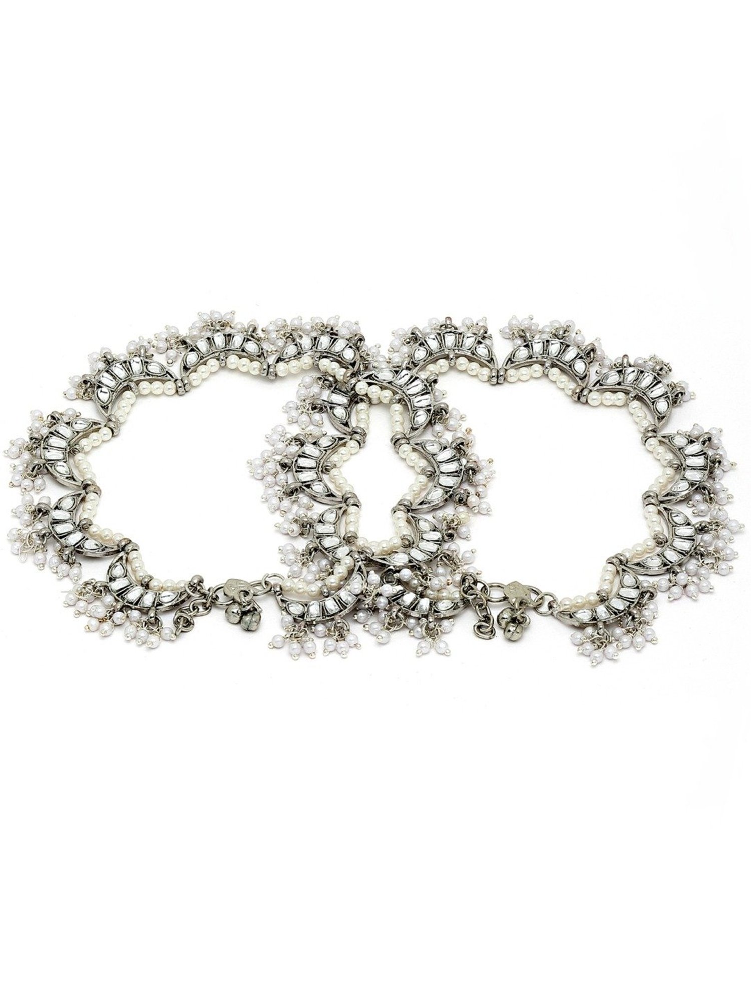Karatcart Oxidized Silver Moon Shape Kundan Anklet for Women