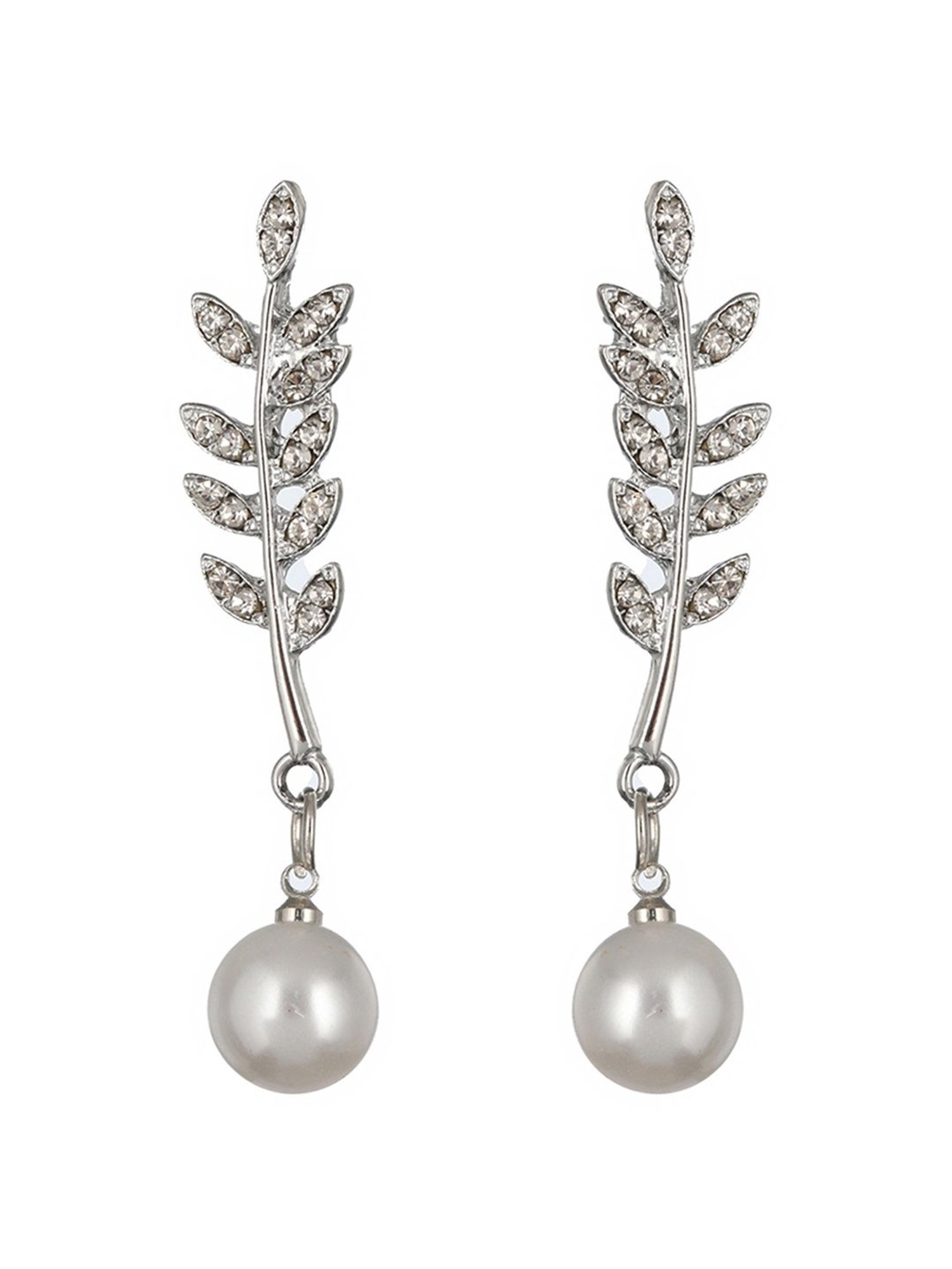Prita by Priyaasi Leaf American Diamond Pearl Silver-Plated Dangler Earrings