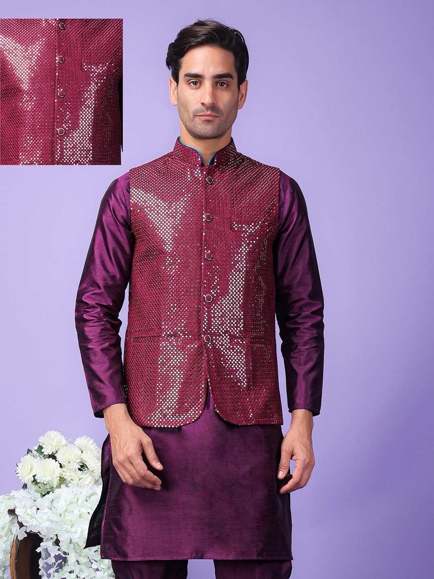 Hangup Purple Regular Fit Embellished Nehru Jacket