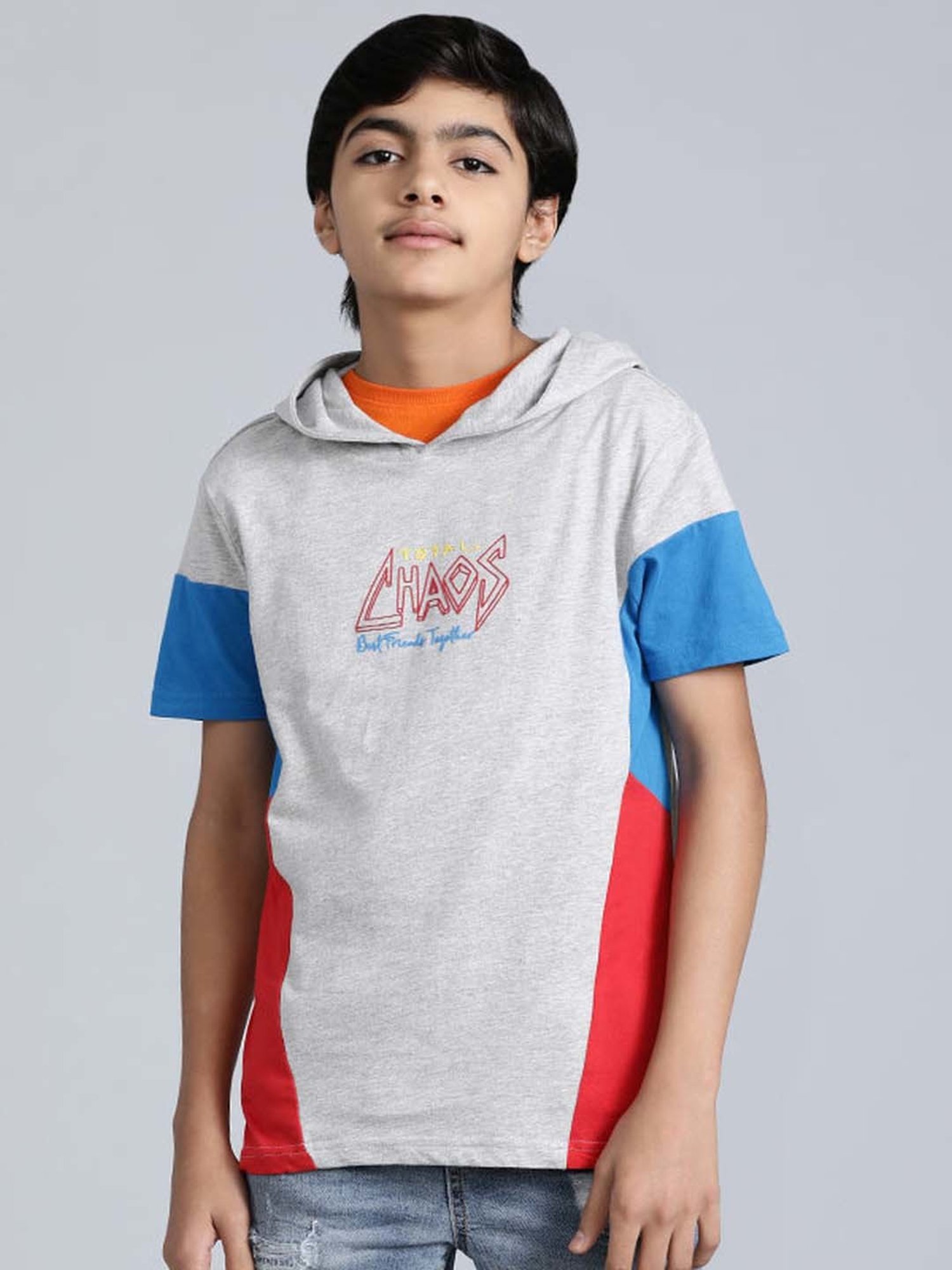 Indian Terrain Kids Grey & Blue Cotton Printed T-Shirt