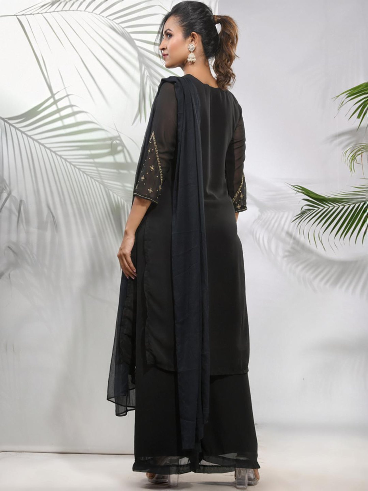 Charukriti Black Regular Fit Kurta Palazzo Set With Dupatta