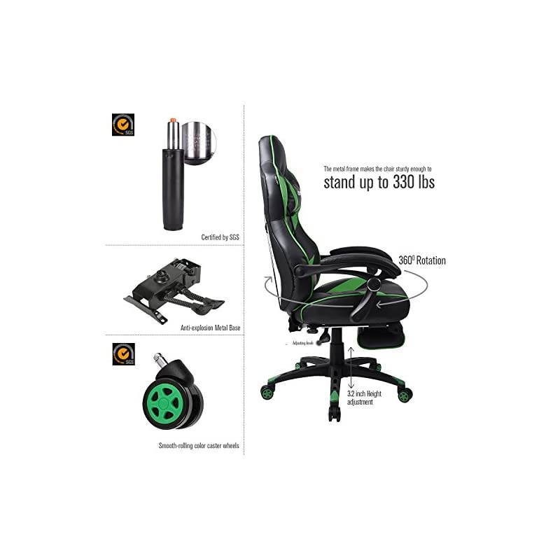 Gaming Chair Racing Office - Reclining PU Leather High Back Ergonomic Adjustable Swivel Executive Computer Desk Large Size Footrest Headrest Lumbar Support Adjustable arms Cushion