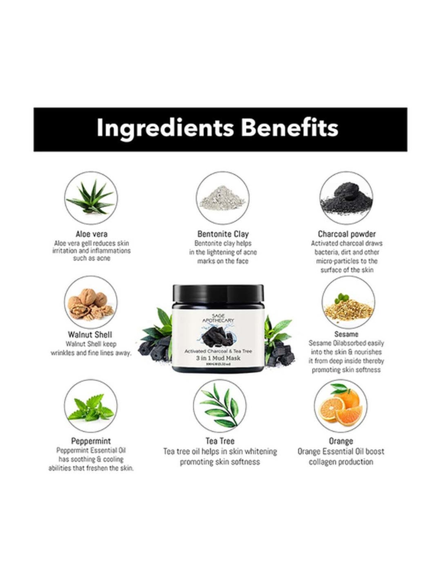 Sage Apothecary Activated Charcoal & Tea Tree 3 in 1 Mud Mask - 100 gm