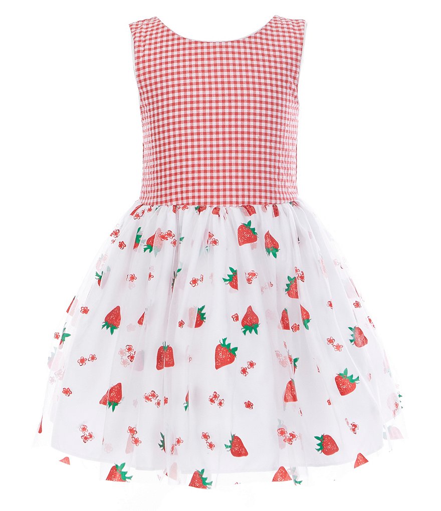 Laura Ashley Little Girls 2T-6X Seersucker/Strawberry-Print Mesh Fit-And-Flare Dress