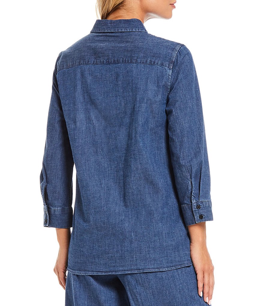 Kasper Hi-Low Stretch Denim Top Stitch Long Sleeve Top