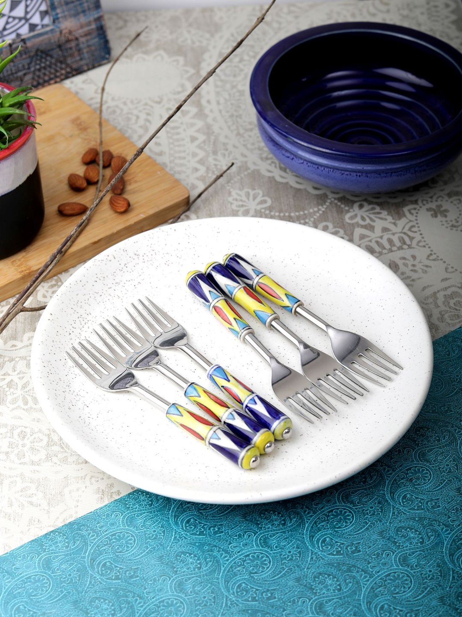 VarEesha Blue Steel and Ceramic Handle Forks - Set of 6