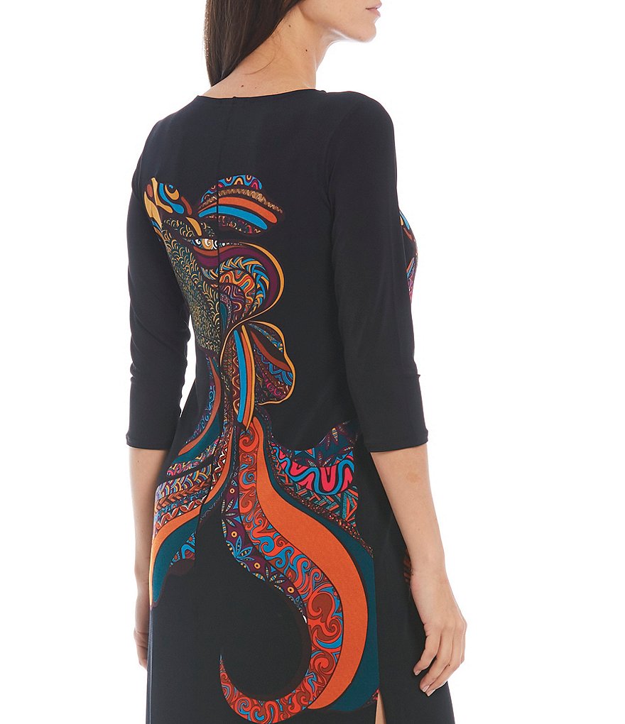 Eva Varro Fish Placement Print Knit Side Slit Boat Neck 3/4 Sleeve Midi Dress