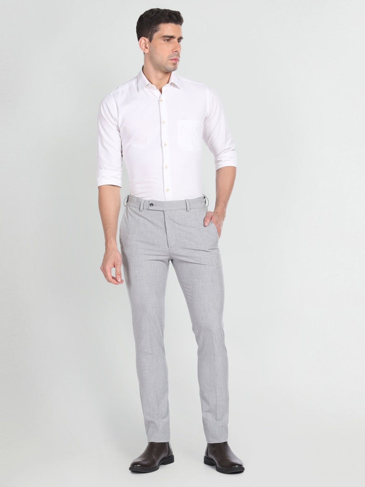 Arrow Grey Slim Fit Self Pattern Trousers