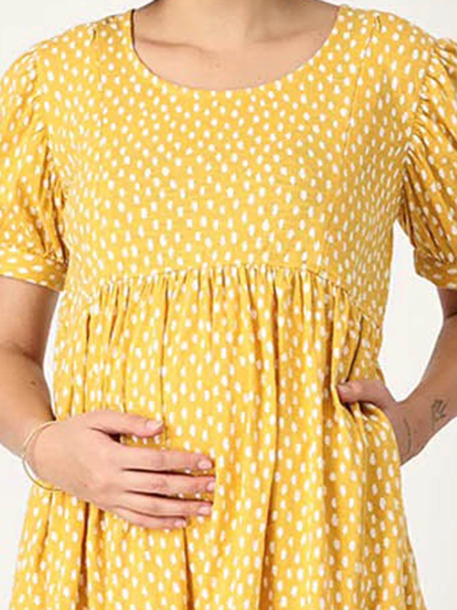 The Mom Store Yellow & White Cotton Printed Maternity & Nursing Dress
