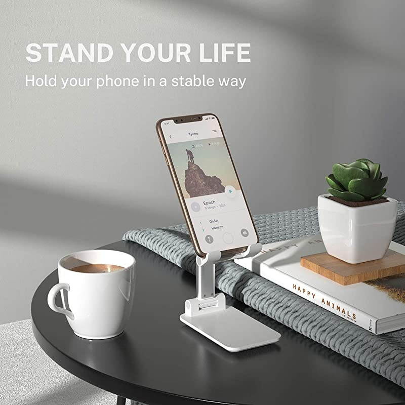 Phone Stand Foldable Portable Desktop Stand Adjustable Height and Angle Phone Holder for Desk Sturdy Aluminum Metal Stand Compatible with SmartphoneiPadKindleTablet White