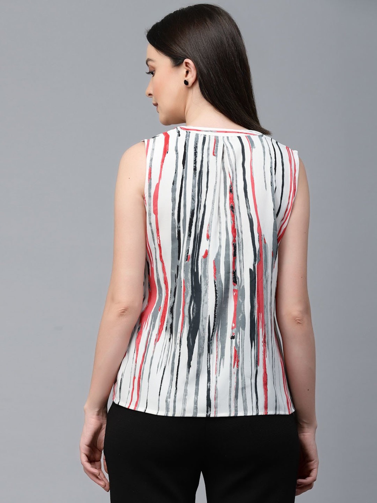 Style Quotient Women Off White And Multi Stripe Polyester Regular Smart Casual Sleeveless Top