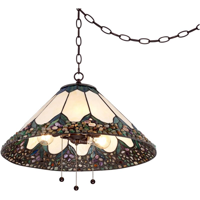 Robert Louis Tiffany Bronze Plug In Swag Pendant Chandelier 20 3/4" Wide River Stone Art Glass Fixture Dining Room House Kitchen