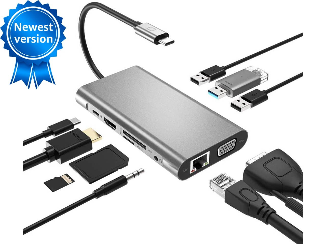 USB C Hub, 10 in 1 Laptop Docking Station Dual Monitors Type C Adapter for MacBook and Windows with 4K HDMI, VGA, PD 3 USB Ports, 3.5mm Aux Gigabit Ethernet, SD/TF Card Reader