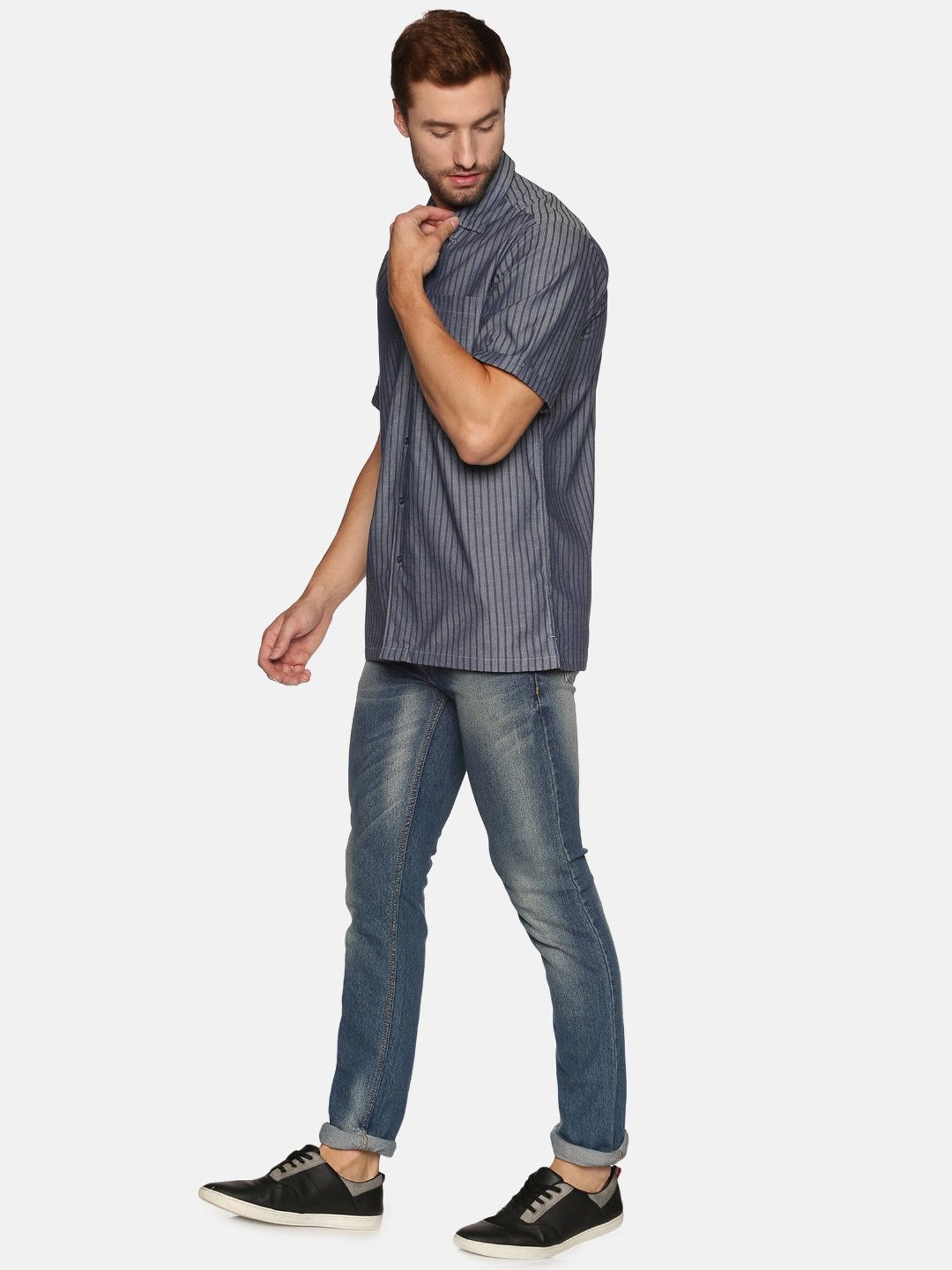 Don Vino Grey Regular Fit Striped Shirt