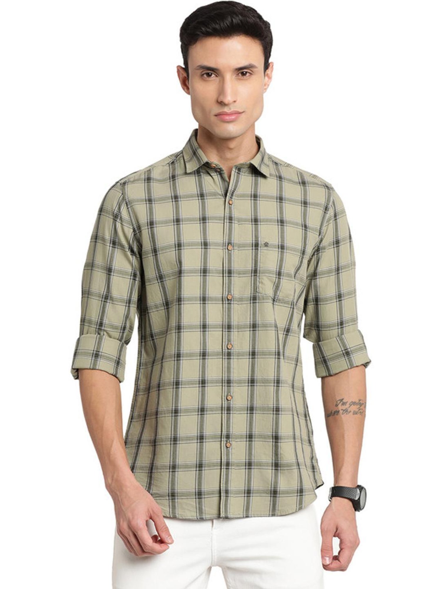 Turtle Sage Green Cotton Slim Fit Checks Shirt