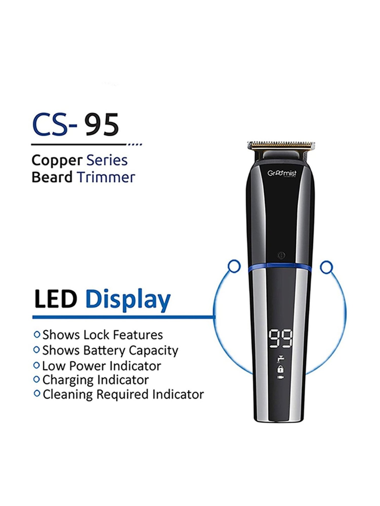 Groomiist CS-95 Copper Series IPX6 Cordless Hair & Beard Trimmer - 90 Min Runtime (Black and Chrome)