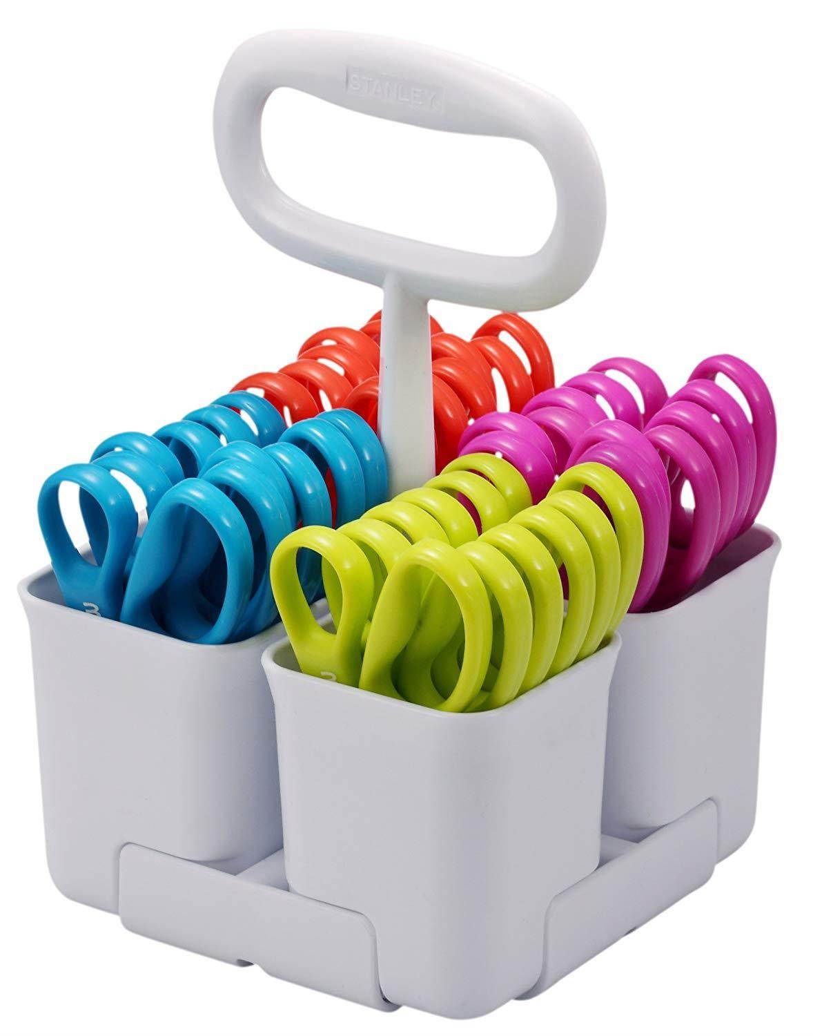 Stanley Removable 4 Cup Scissor Caddy and Minnow  5-Inch Pointed Tip Kids Scissors, 24 Pack (SCICAD-PT24)