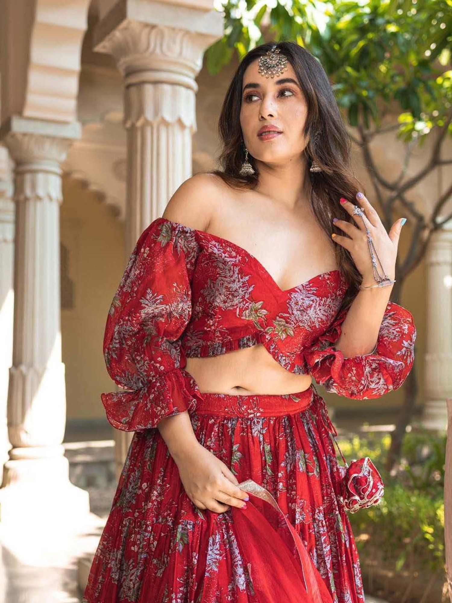 AACHHO Red Floral Print Lehenga Choli Set With Dupatta