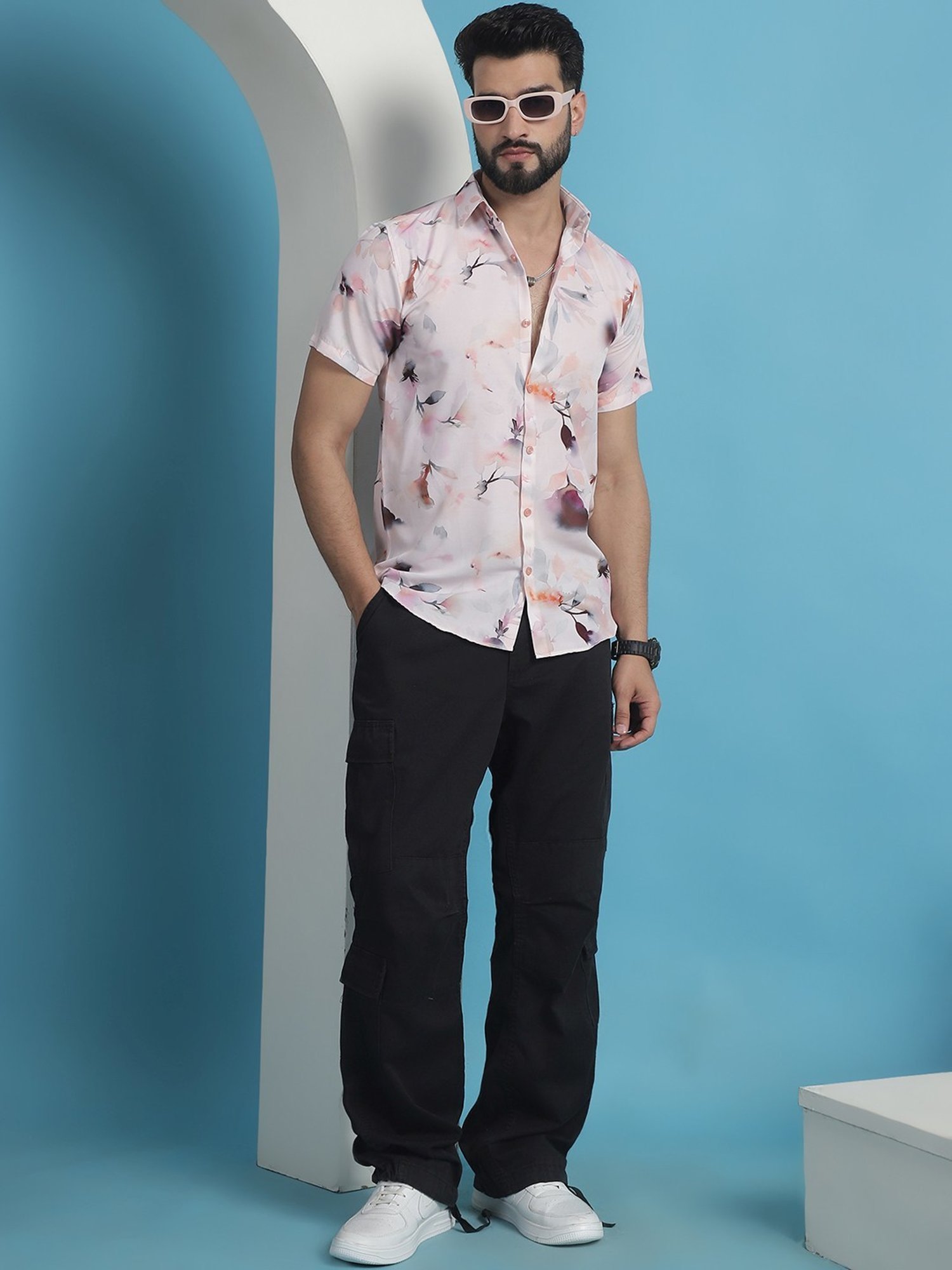 Indian Needle Orange Cotton Regular Fit Floral Print Shirt