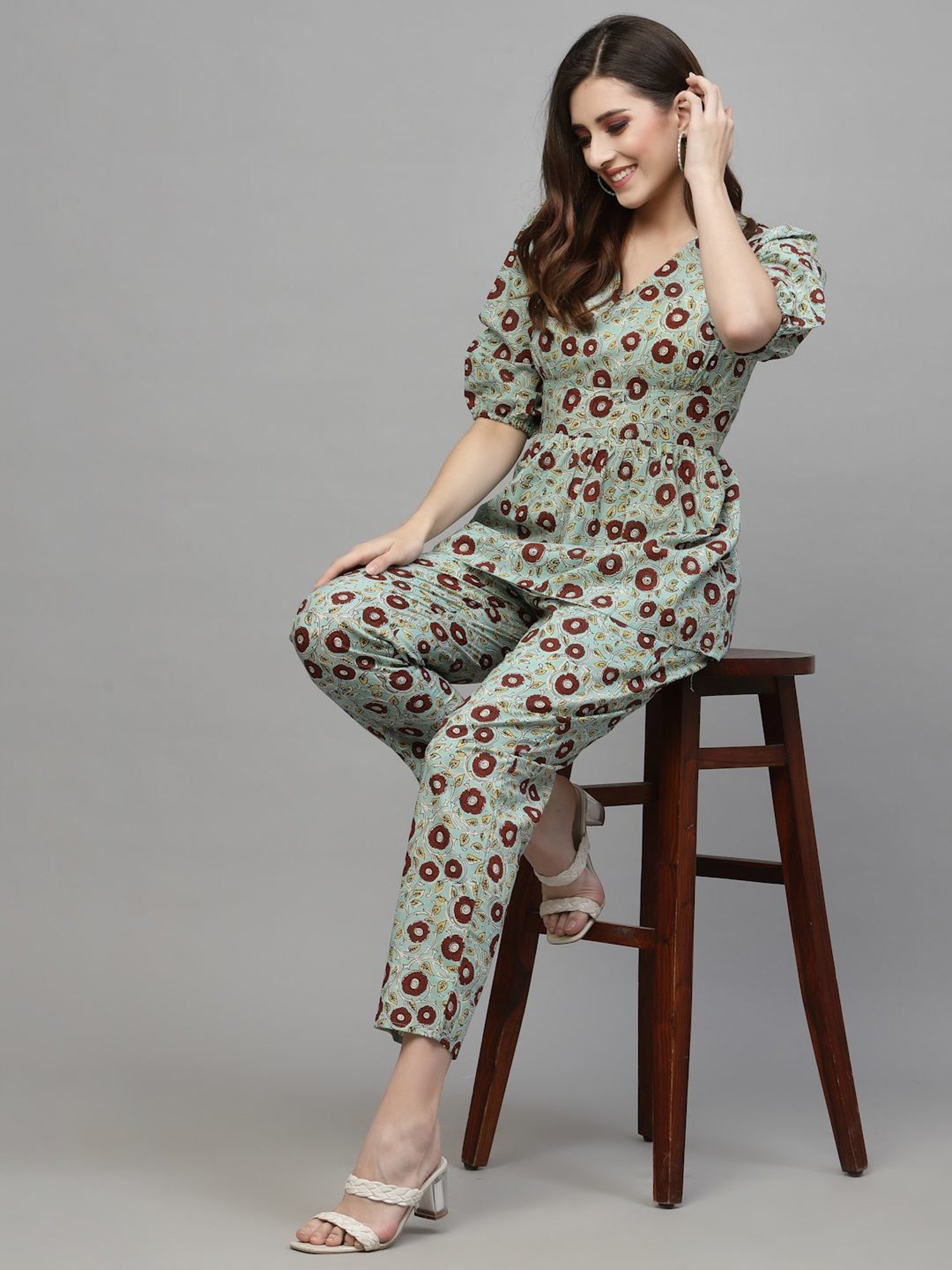 Stylum Turquoise Cotton Floral Print Tunic Pant Set