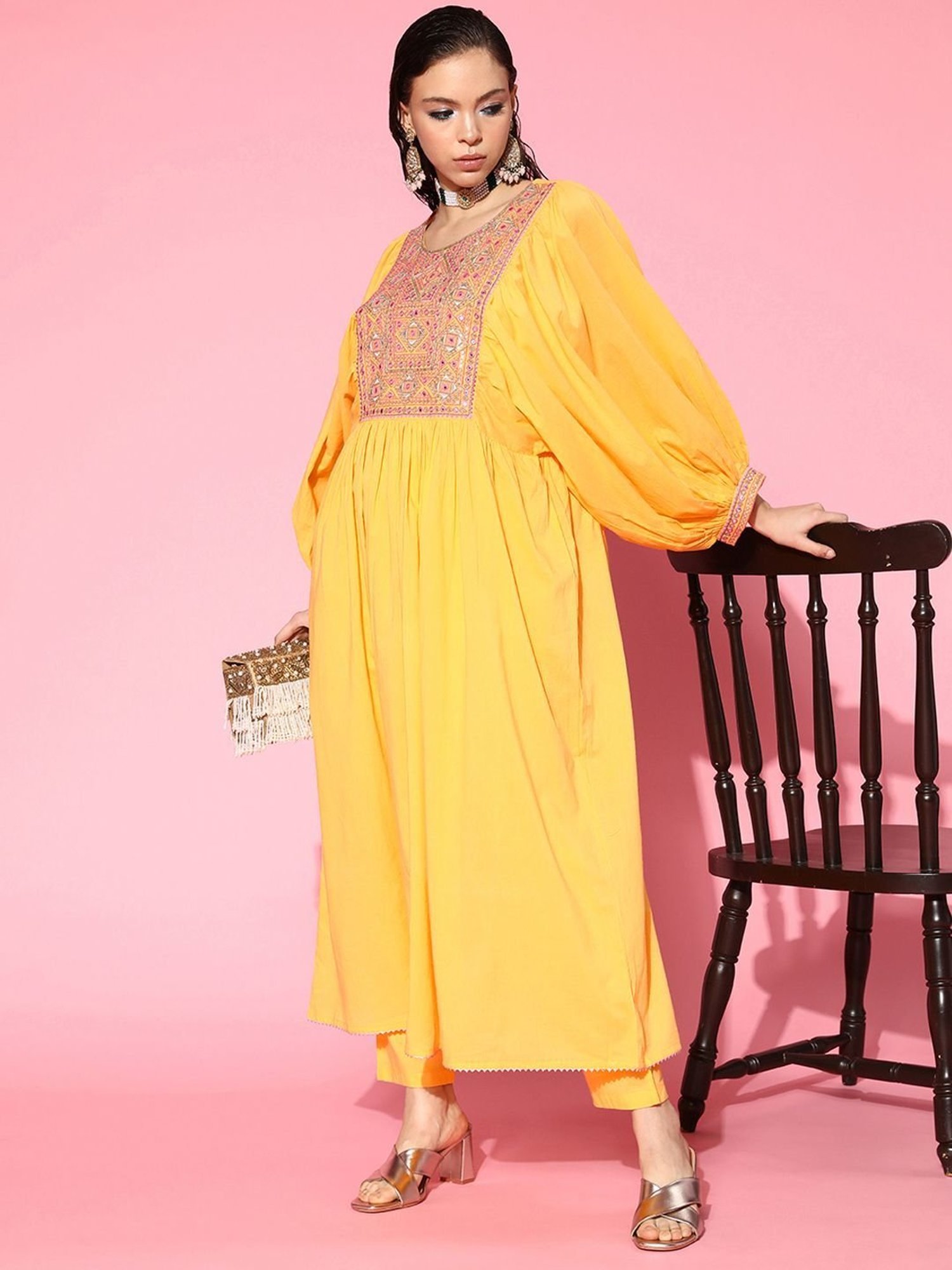 Prakrti Yellow Cotton Embroidered Kurta Pant Set