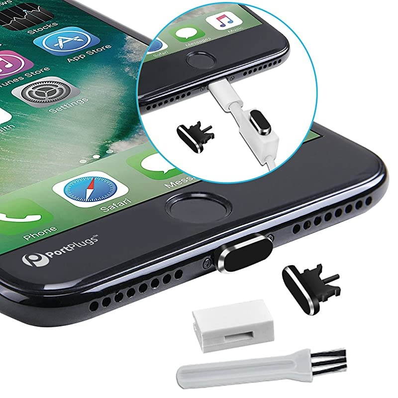 AntiDust Plug 2 Pack Aluminum Compatible with iPhone 11 X XS XR 8 7 6 Plus Max Pro Includes Port Cleaning Brush and Cover Holders Black