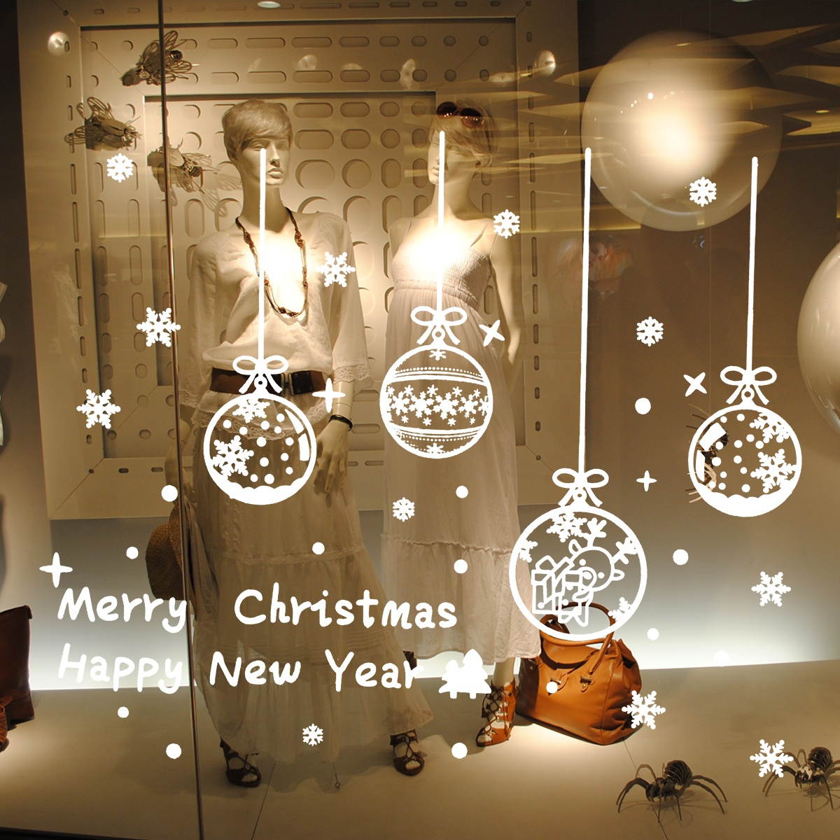 Removable Merry Christmas Vinyl Window Stickers Christmas Baubles Snowflakes DIY Showcase Window Clings Glass Door Stickers Mural Decals for Christmas New Year Home Decor 60 x 45 cm