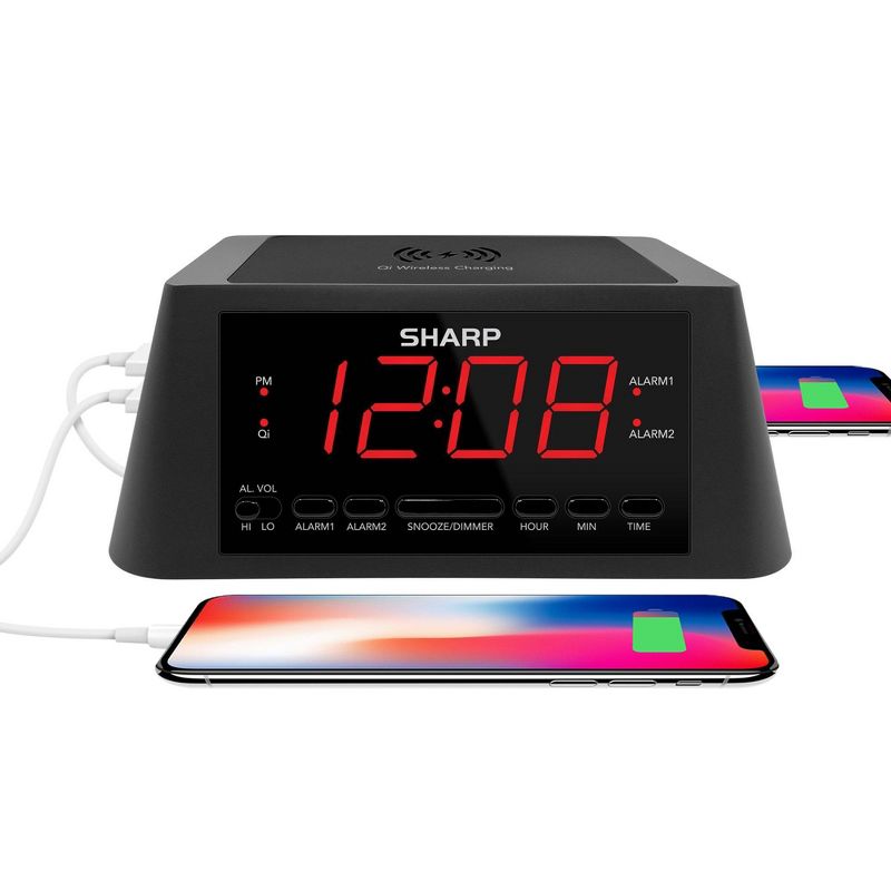 2/2 Amp USB Charge Alarm Clock with QI Wireless Black - Sharp